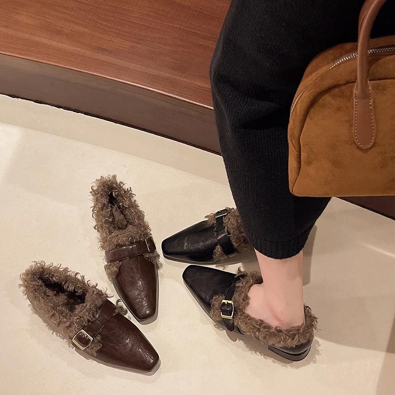 Fashion Lambswool Single Shoes for Women Winter 2025 New Fleece Fashion Pointed Toe Versatile Low Heel Shoes for Women