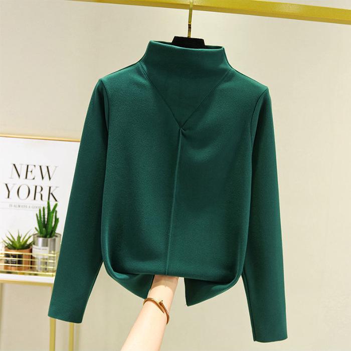 Women's Autumn/Winter Velvet Half-High Collar Slim Long-Sleeve Top