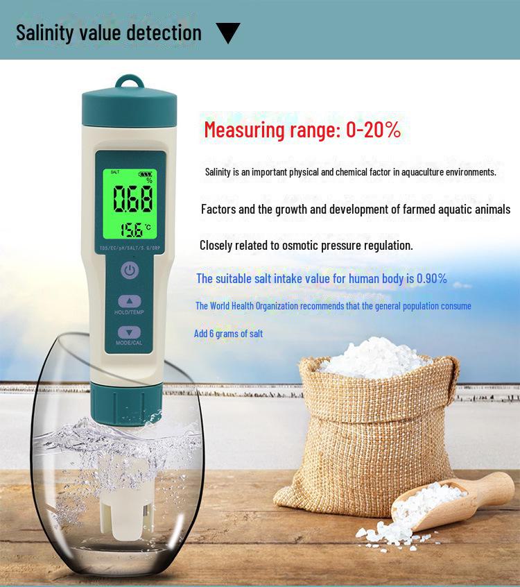 Testeur de pH et de salinité de l'eau de mer TDS 8 en 1 - Stylo de test de la qualité de l'eau riche en hydrogène