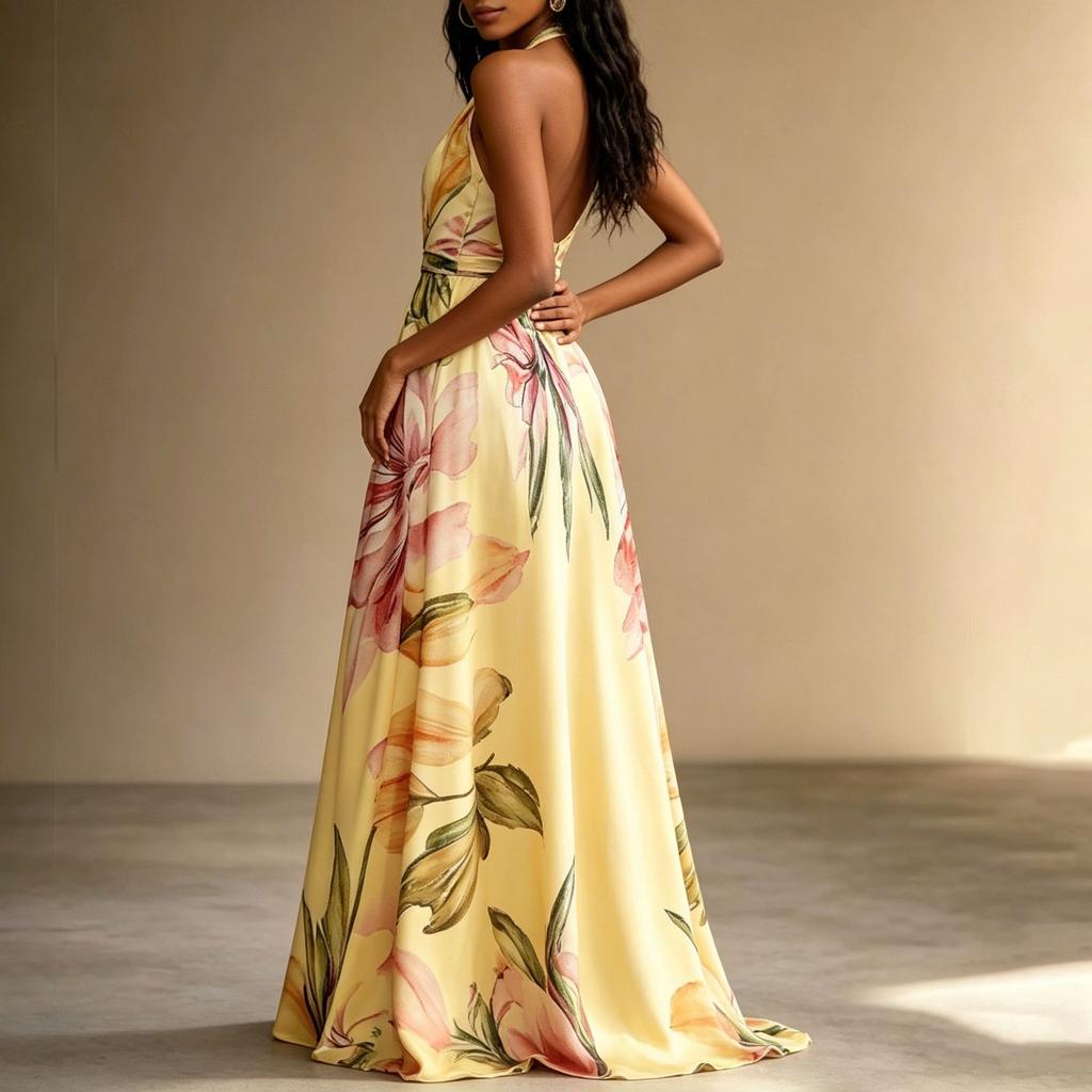 Summer Printing Neck Long Dress Backless Vacation Style Elegant Pendulum Lace-up Dress