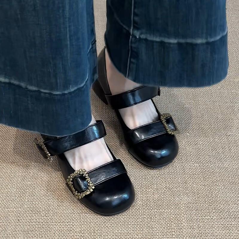 

Лолита однословная пряжка маленькие кожаные туфли трендовые придворные фэн-шуй бриллиант мелкий вырез Мэри Джейн маленькие одинарные туфли женские 2025 осень и зима 35 чёрный