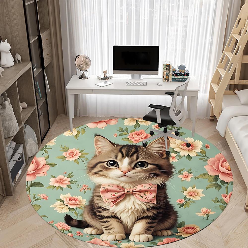1pc Cat Floral Pattern Office Round Rug, Non-slip, Soft and Durable Office Rug for Interior Decoration, Perfect for Office, Beautiful Decoration yy260