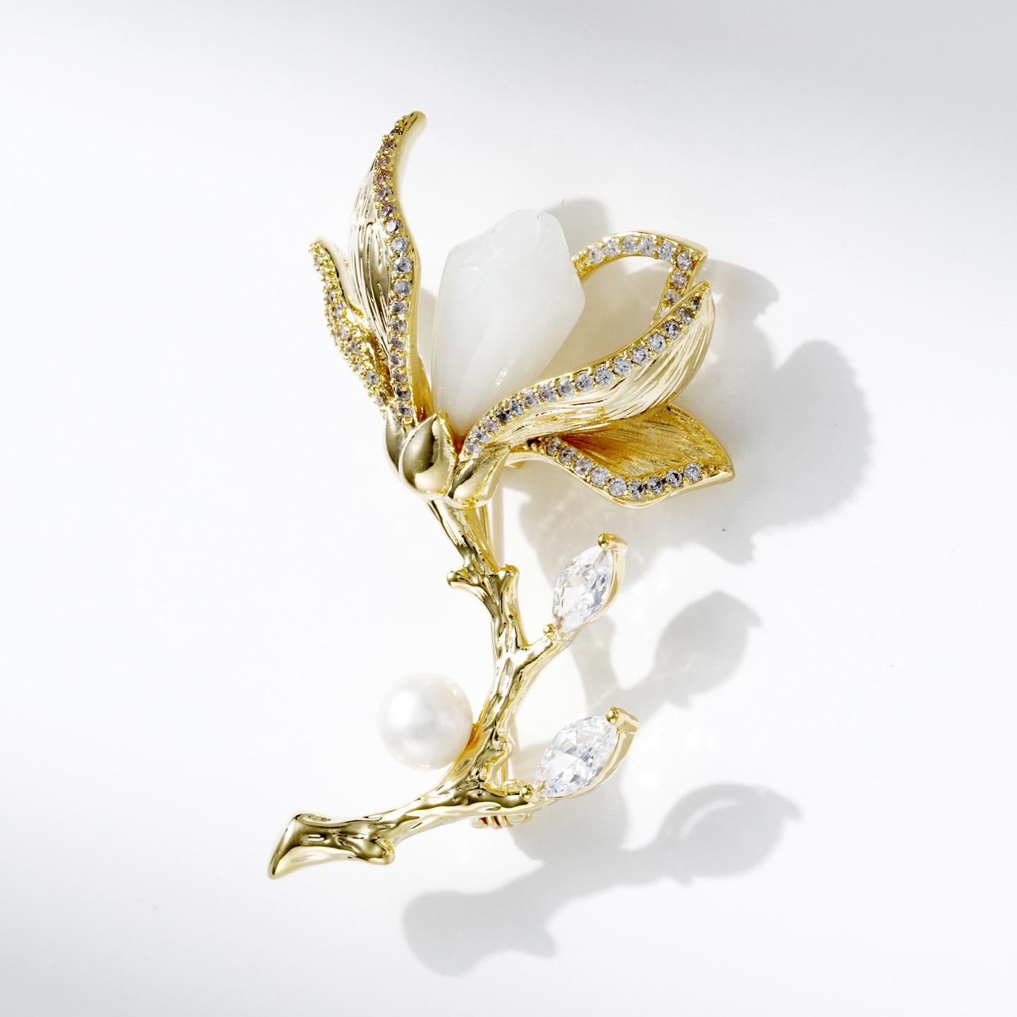 Bo Xin Yun Gold-Plated Magnolia Brooch with Freshwater Pearl and Crystals