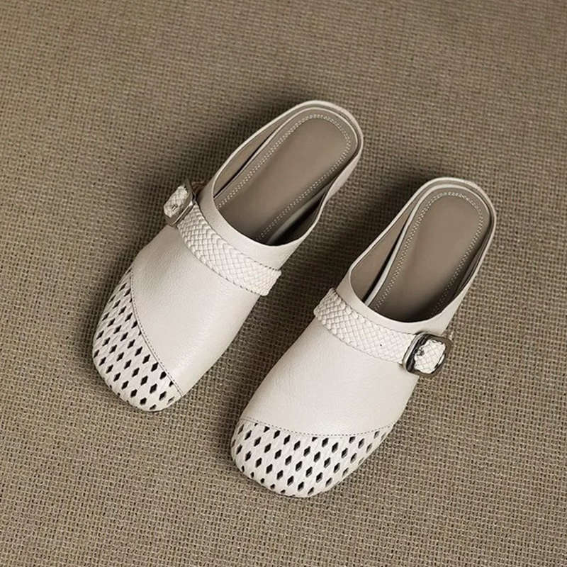 

Версия из мягкой кожи~ плетеный полый мешок на голову, полушлепанцы, женская летняя уличная обувь Мюли, ленивые крутые шлепанцы женские 40 бежевый