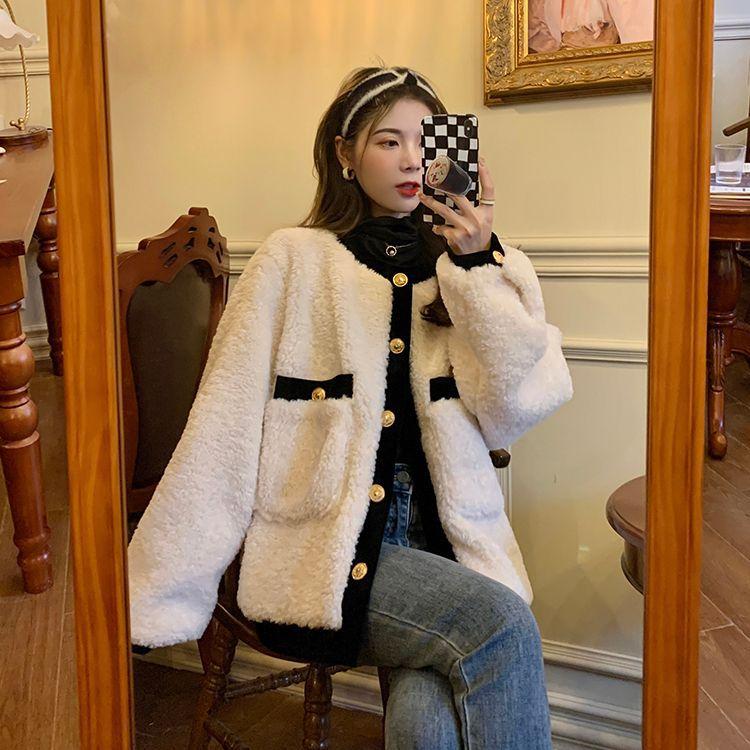 Korean version of fashion imitation lamb wool jacket women's autumn and winter new loose contrasting colors show temperament versatile