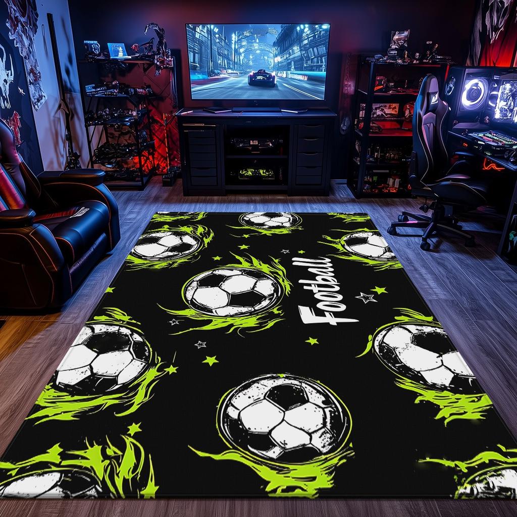 Football Soccer Ball Flame Pattern Rug Sports Themed Bedroom Carpet Kids Room Decor Athletic Lifestyle Floor Mat Anti Slip