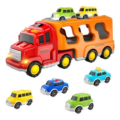 HIWO Leksaksbilar för Pojkar Åldrar och 6 och Utbildande Leksaksset med 5 Stora och Små Fordon Stor Lastbil 4 Mini Byggbrand Inomhus Mini Utbildande