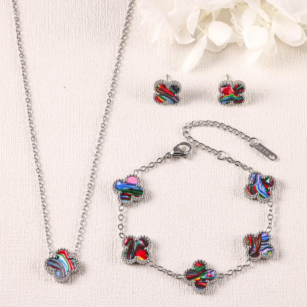 3PCS Clover 18K Gold Plated Necklace Bracelet Earnail Set Women's Light Luxury Colorful Fashion Accessories