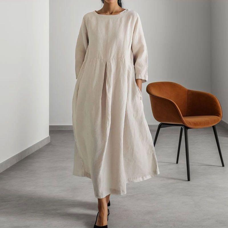 

Crew-Neck, over-the-Knee Dress round Neck Pullover over the Knee Swing Skirt Loose Dress Women Beige S
