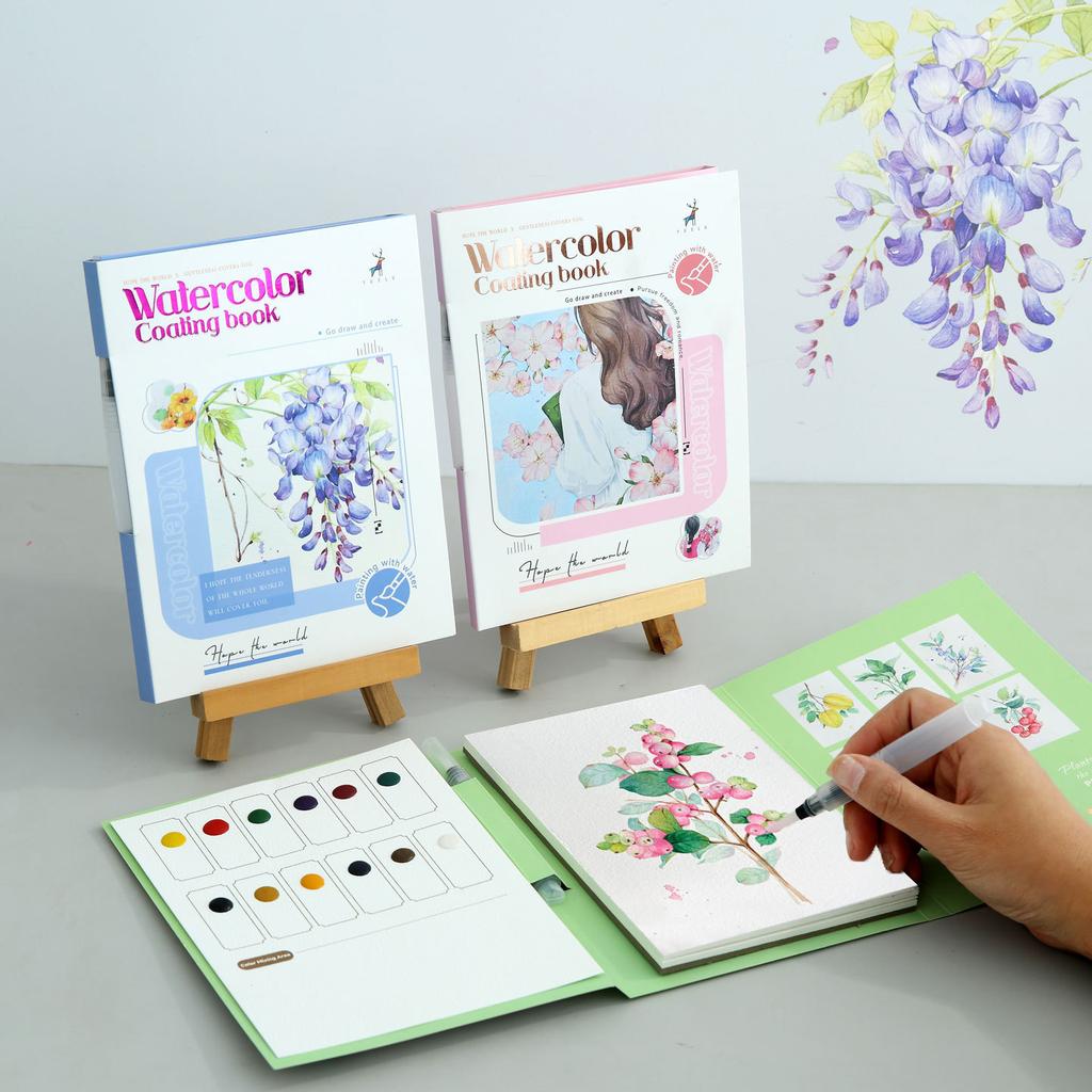 Adult Watercolor Painting Book, 3-Fold Layout with Included Pigments, Relaxing DIY Coloring Pages, Portable Hand-Painted Art