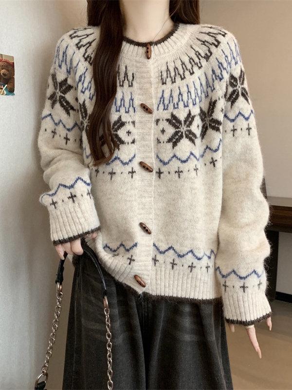Women's Fair Isle Knit Cardigan: Autumn/Winter Loose Fit, Round Neck, Retro Korean Style Sweater Coat