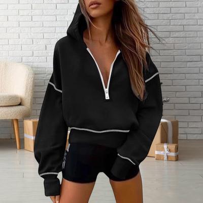 Women Short Sweatshirt Solid Color Long Sleeve Pullover Hooded Sweatshirt Loose Fit Zipper Half Placket Tops