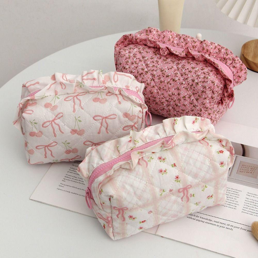 Portable Bow Quilted Cosmetic Bag Large Capacity Makeup Organizer Travel Toiletry Bag Zipper Lightweight Ruffles Storage Bag