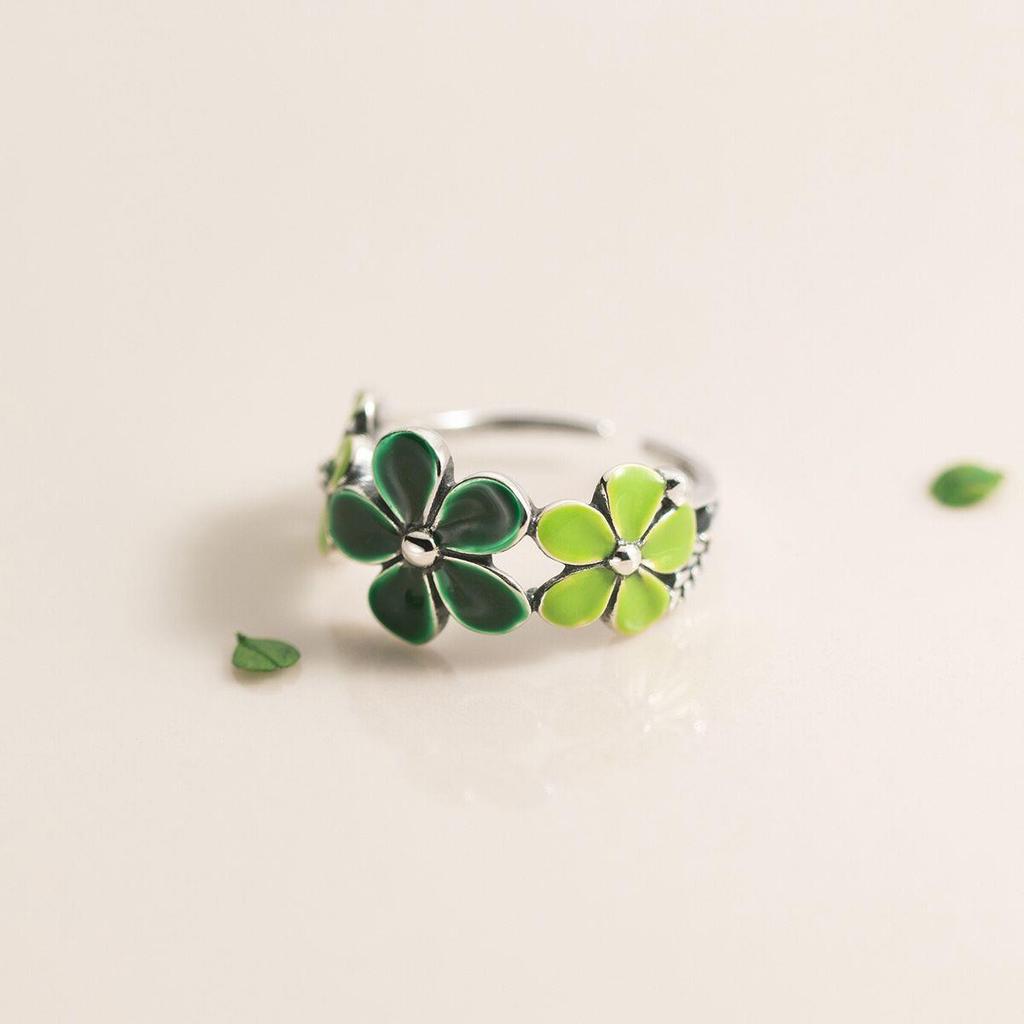 Cute Green Five Petals Flower Ring For Women Glue Dispensing Adjustable Open Ring Handmade Zircon Unisex Accessories Girl Gift