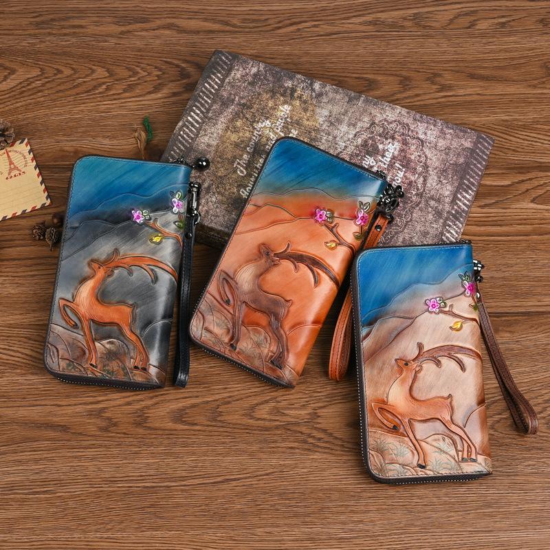 Johnature Vintage Wallet Genuine Leather Deer Head Embossed Women Long Wallets Natural Real Cowhide Hand Purse