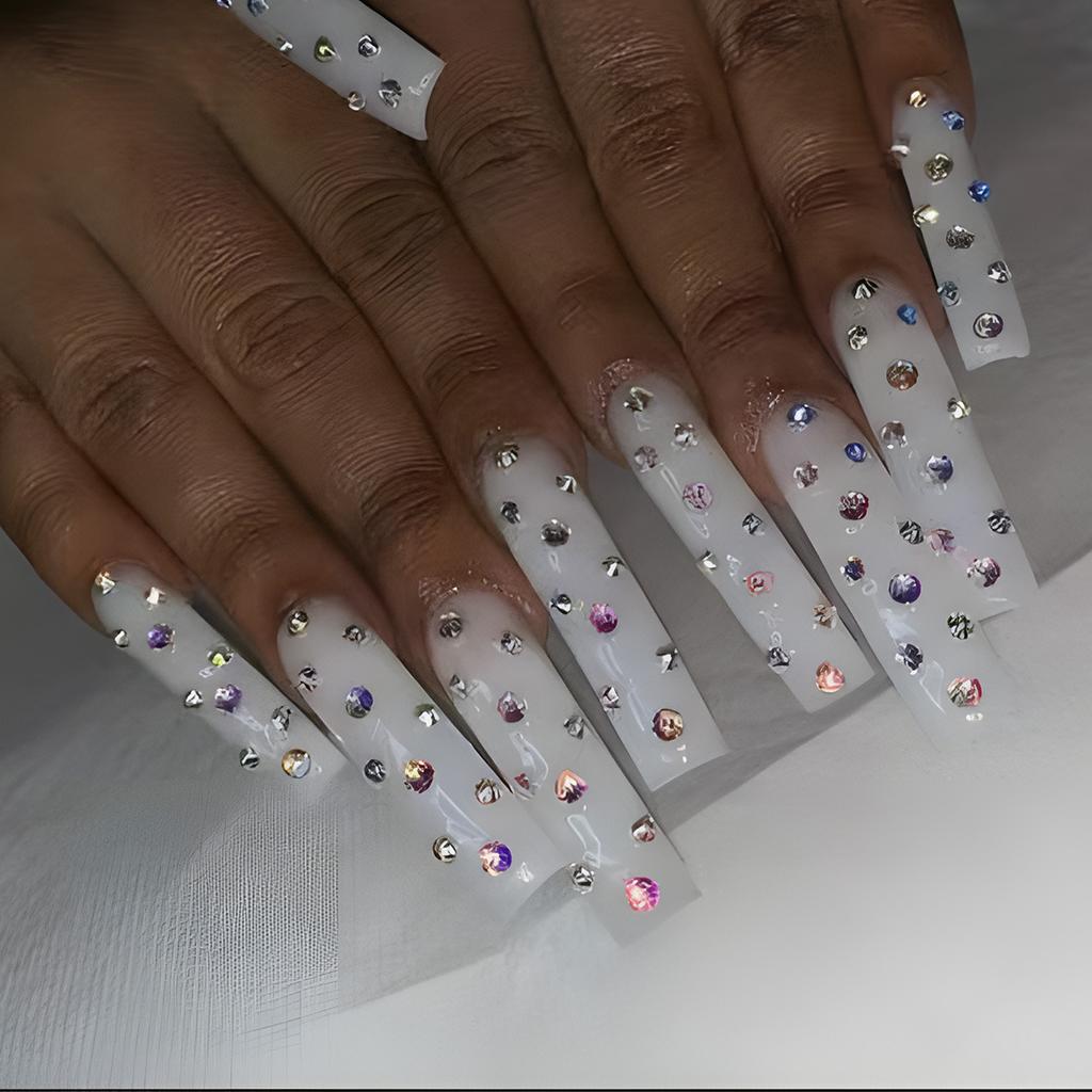 24Pcs Long Square Press On Nails With Colorful Rhinestones Detachable Full Cover Artificial Nail Tips