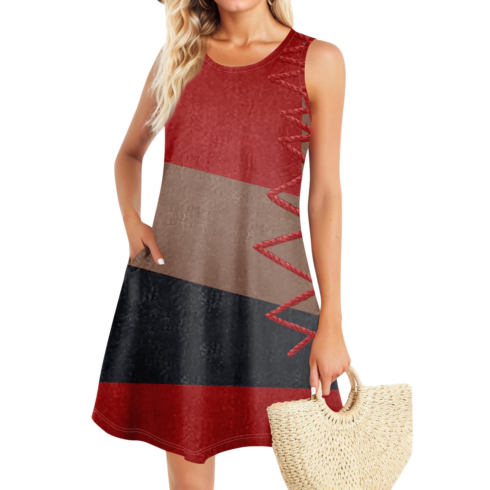 

Summer Dresses For Women Beach Boho Sleeveless Vintage Printing Flowy Pocket Tshirt Tank Sundresses M винний