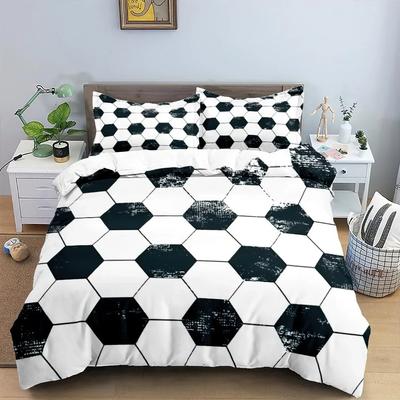 Fußball-Bettbezug-Set, Kingsize, schlicht, schwarz-weiß, 3D-Fußballsport, für Kinder, Jungen und Mädchen, Polyester-Bettwäsche-Set