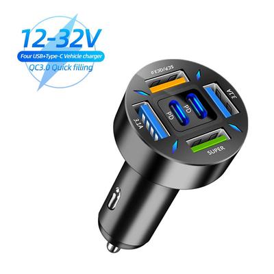 12V-24V Autoladegerät PD QC3.0 66W Schnellladeadapter 6 Anschlüsse 4USB + 2PD Ladegerät für iPhone Samsung Huawei Xiaomi