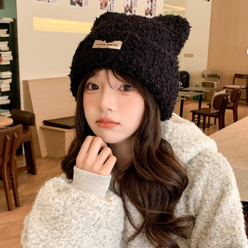 Autumn and Winter Hat Female Cute Bear Plush Hat Winter Warm Ear Protection Hat Knitted Wool Hat