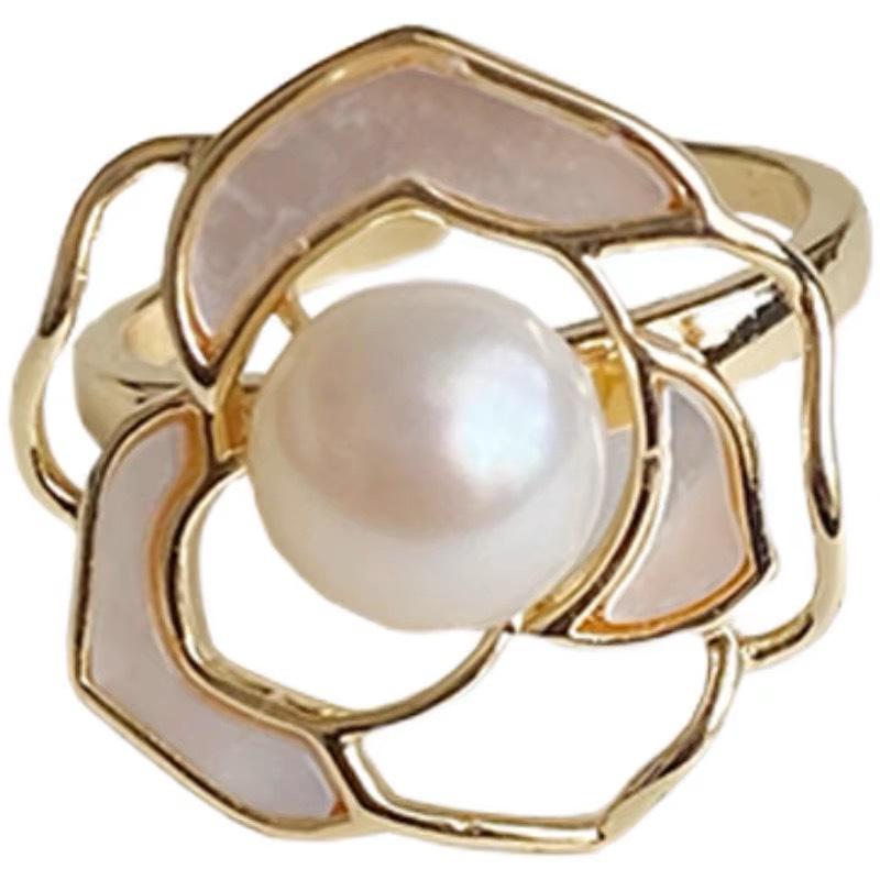Elegant Women s Freshwater Pearl Ring with Rose Design