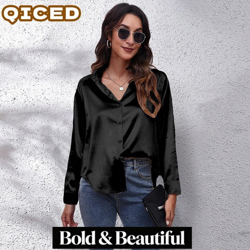 QICED Women's Fashion Casual Solid Color Print POLO Neck Long Sleeve Blouses & Shirts
