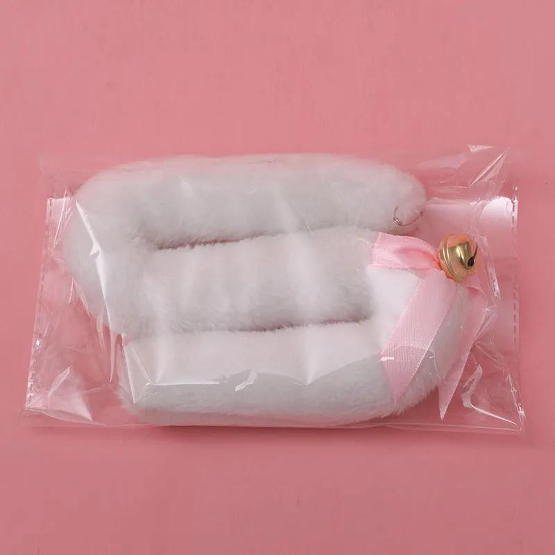 Plush Long Cat Tail with Ribbon Bowknot Bell Plush Furry Cat Ears Headwear White Lace Women Girls Party Cosplay