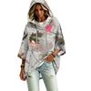 Damenmode Dreiviertelarm Blätterdruck Kapuzen-Pullover-Oberteil