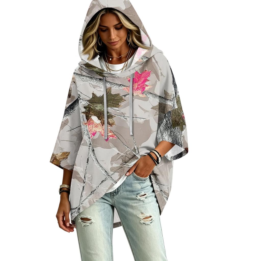 Damenmode Dreiviertelarm Blätterdruck Kapuzen-Pullover-Oberteil