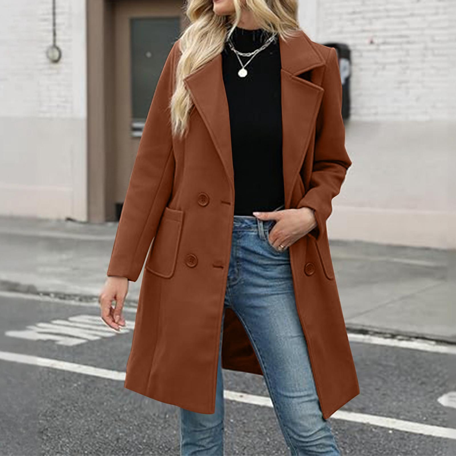 

Women s Lapel Mid-length Button-down Woolen Coat L коричневый