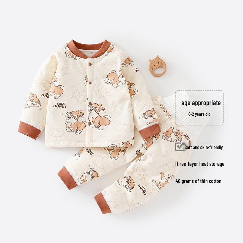 40g Baby Junge Baumwoll-Pyjama-Set mit hohem Bund – Dünne Herbst-/Winter-Warmkleidung & Bauchschützhose