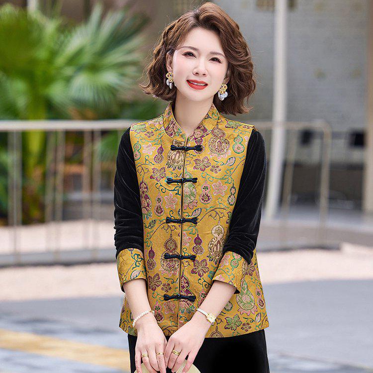 Spring Chinese Style Versatile Casual Vest Top & Frog Button Vest 3-Piece Set for Middle-aged and Elderly Moms