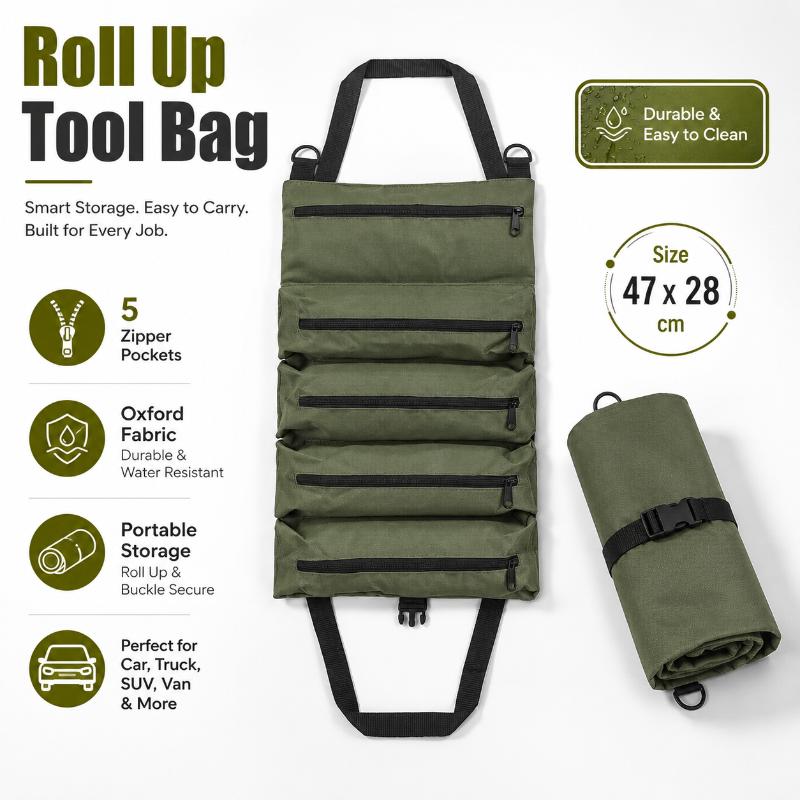 Heavy Duty Roll Up Tool Bag, Oxford Fabric Multi Tool Organizer For Mechanics Electricians Carpenters, Garage Storage