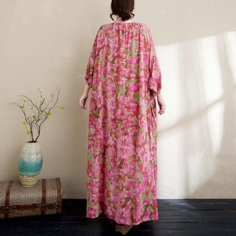 Real Shot Summer New Literary Large Size Loose Printing Round Neck Five-quarter Sleeve Dress Women's Long Dress
