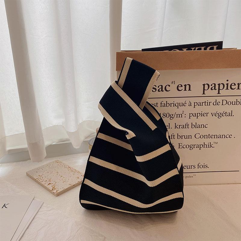 Handmade Knit Handbag Women Mini Knot Wrist Bag Fashion Casual Color Wide Stripe Plaid Tote Bag