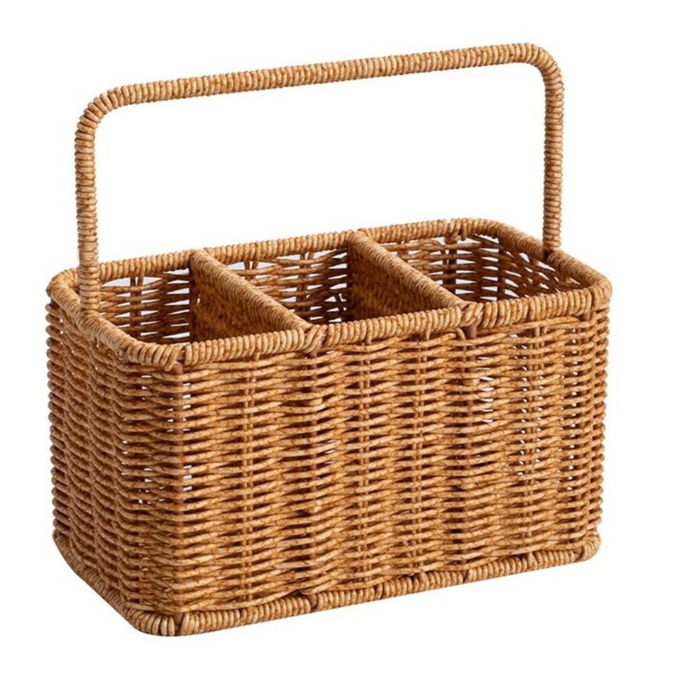 Large Capacity Utensil Storage Basket Portable Woven Cutlery Organizer Divided Storage Basket BBQ коричневый