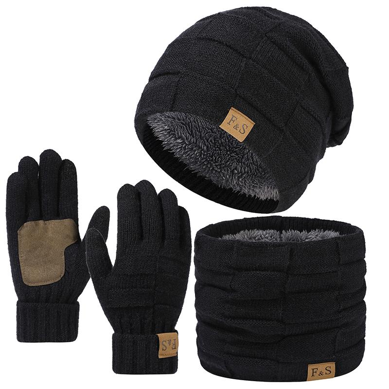 New Winter Warm Thicken Men Knitted Hat Women Scarf Scarf And Gloves Three Piece Plush Thermal Beanie Hats Casual Skullies Cap