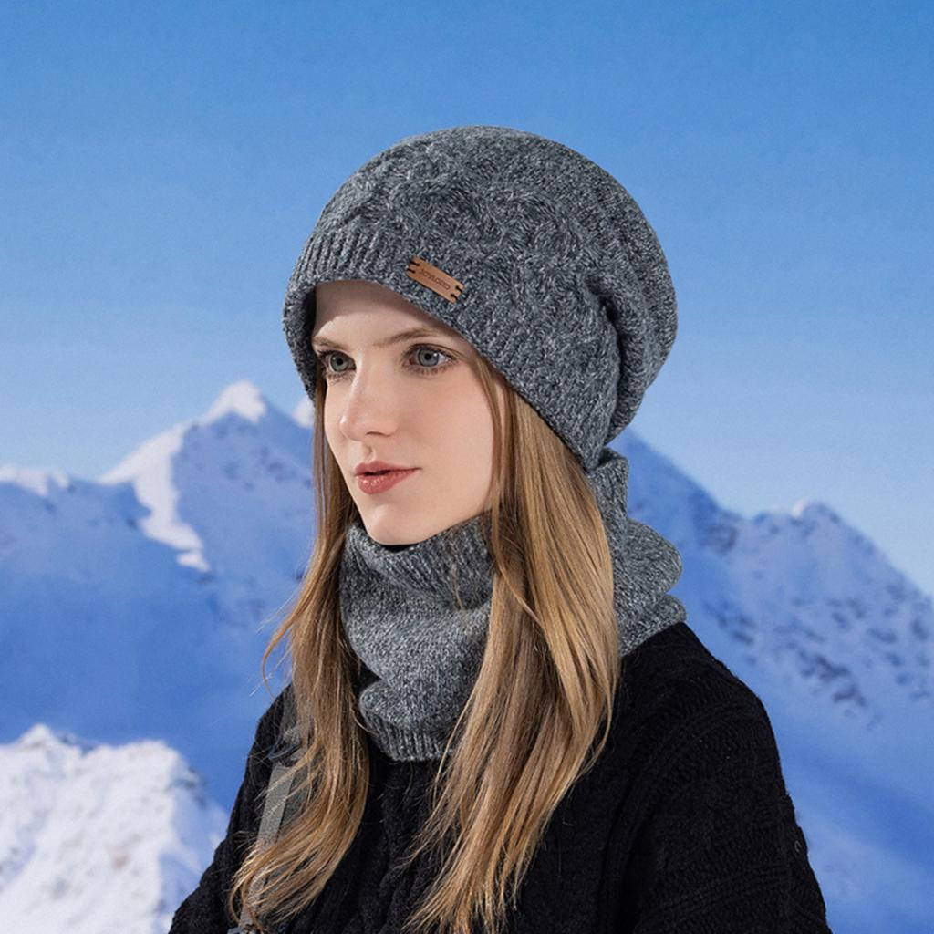 Women's Winter Outdoor Cycling Warm Earm Protective Wool Hat With Fleece Scarf Two-Piece Knitted Hat