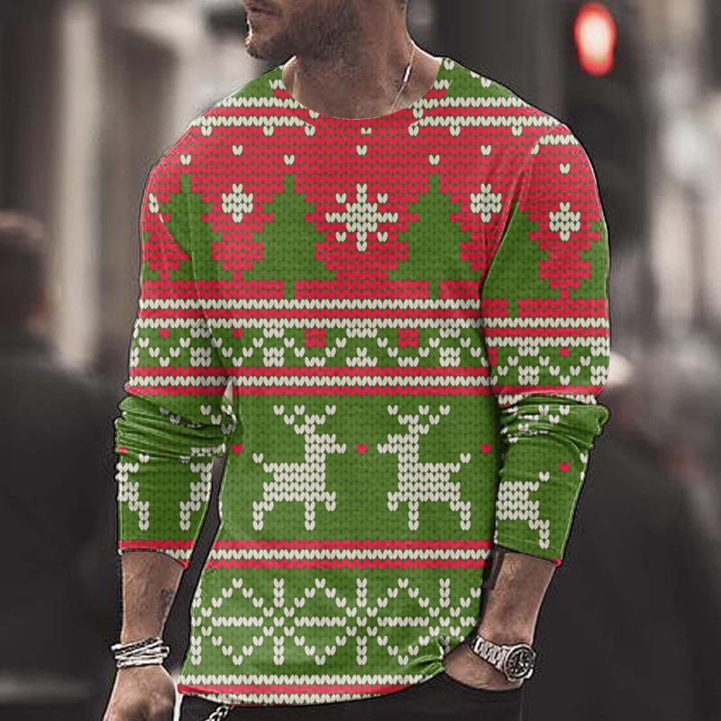 Summer Round Neck Christmas 3D Print Top Fashionable Casual Long Sleeved Men's T-shirts