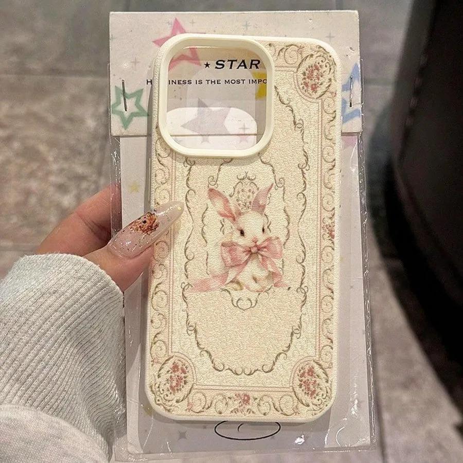 

Vintage Pink Bow Bunny Floral Frame Pattern Design Protective Cover for iPhone 17 16 15 14 13 12 11 16E Series Pro Max Plus iphone 14 Pro