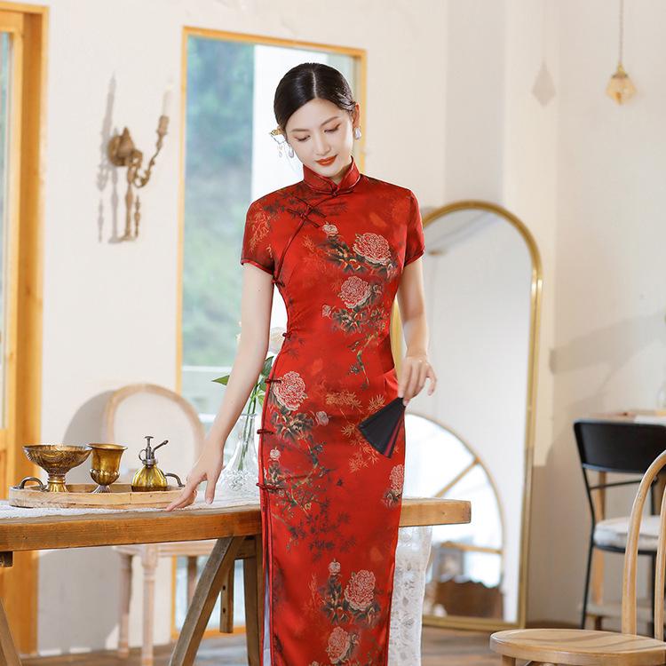 2026 New Chinese Style Silk Cheongsam: Summer-Autumn Retro Long Dress, Slim Fit, Double Layer for Banquets & Performances