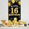 Happy 16th Birthday Decorations for Girls and Boys, Black and Gold 16th Birthday Banner Backdrop, Fabric Door Decor Yard Sign Photo Props, 16 Year