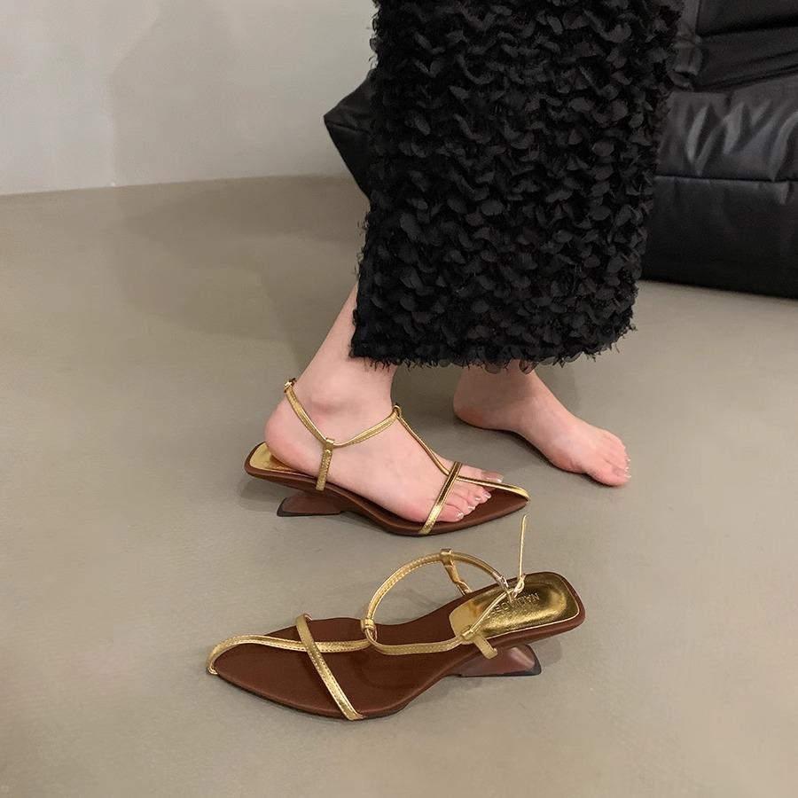 

Temperament slope heel pointed head personalized high heels one word thin strap open toe buckle sandals women s niche sandals women s summer 40 золотий
