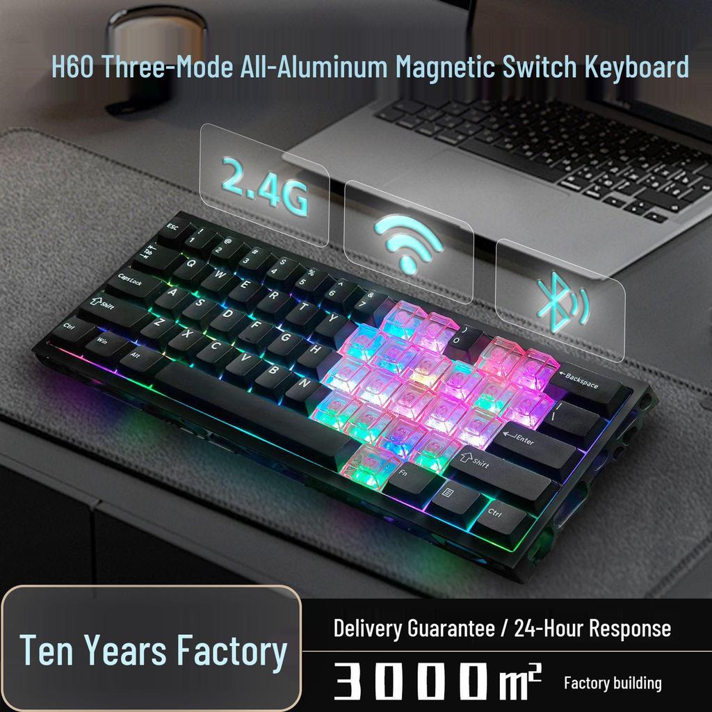 H60 Three-Mode Magnetic Switch Keyboard: Wired, Wireless, Bluetooth, Full Aluminum CNC for Gaming