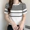 Navava Women Daily STripe PoinT Round Neck Crop ShorT Sleeve KniT T shirT Nk3596