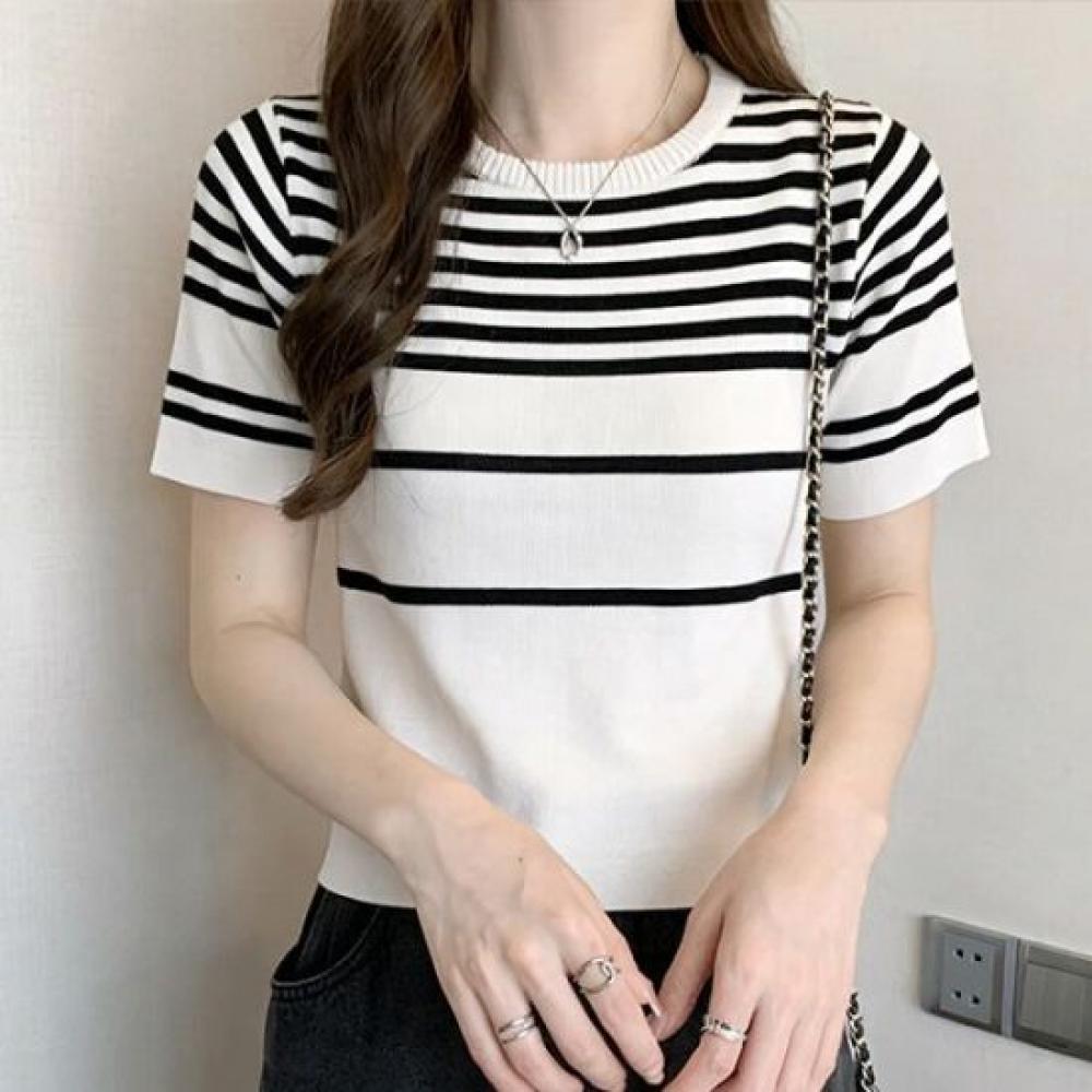 Navava Women Daily STripe PoinT Round Neck Crop ShorT Sleeve KniT T shirT Nk3596
