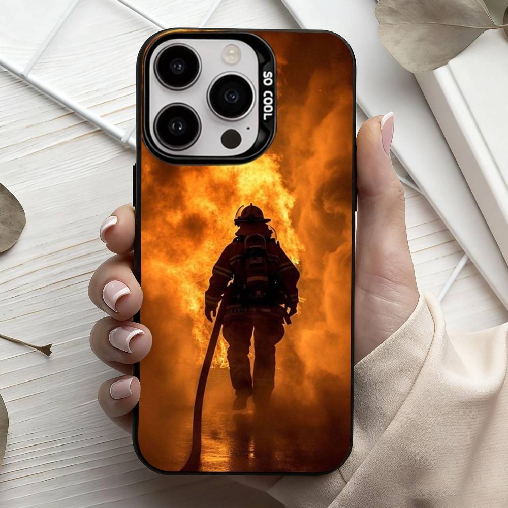 Fire Disaster Firefighter Phone Case For iPhone17,16,15,14,13,12,11 Plus,Pro Max Black Candy Silver Plated Cover