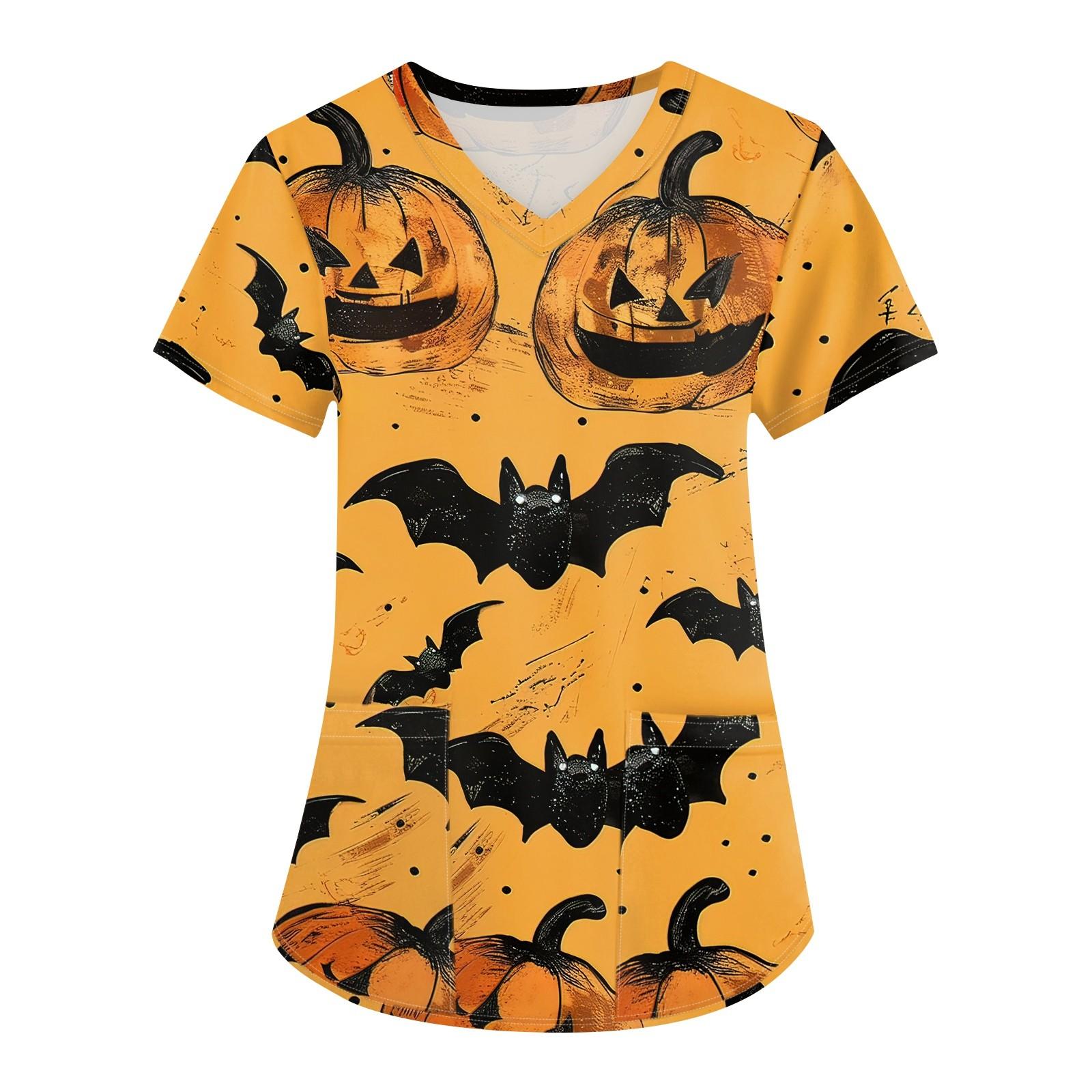 

Женская мода V-образным вырезом с короткими рукавами и карманами Топы с принтом на Хэллоуин XXL оранжевый