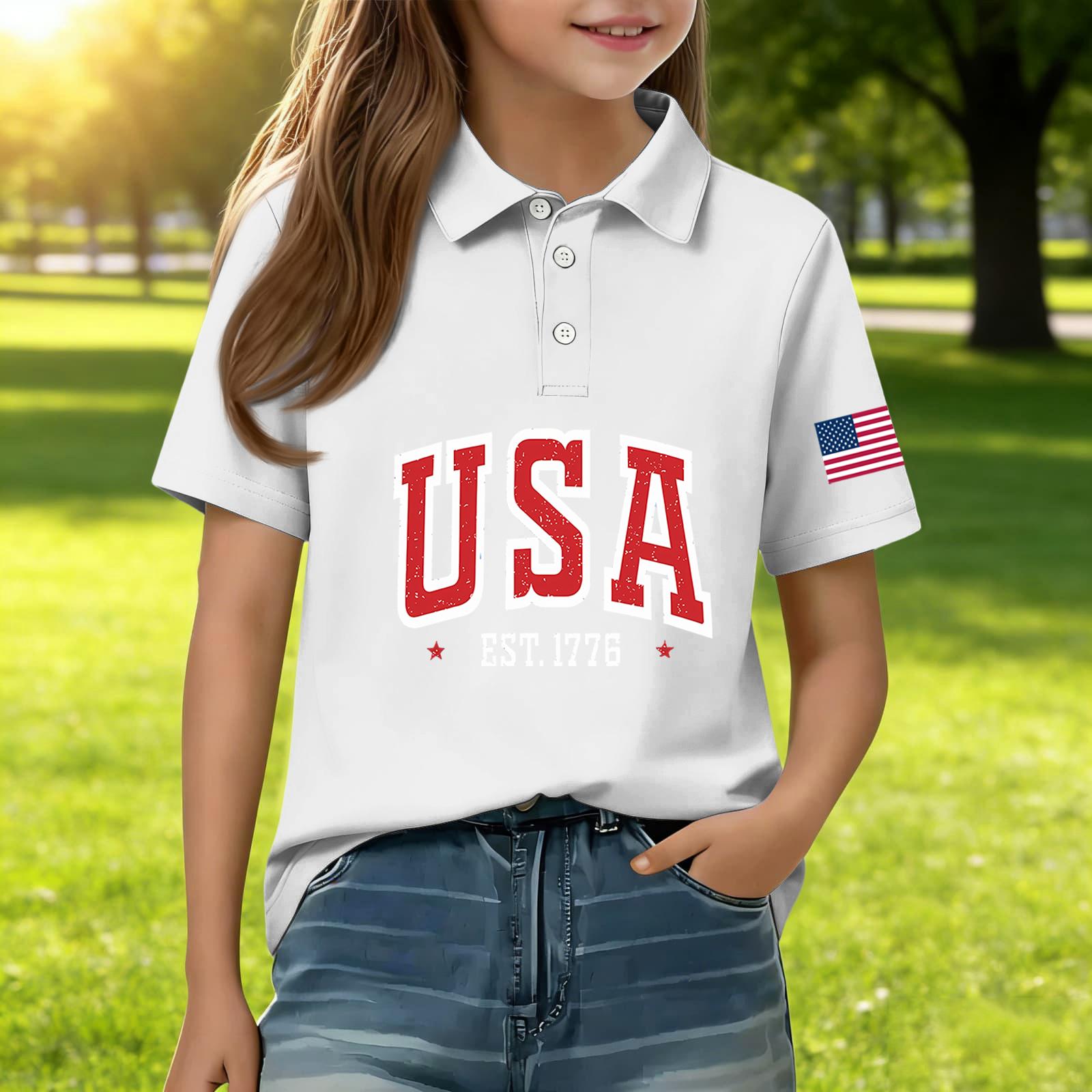 Kids Polo Shirt USA Print Short Sleeve Casual Top Boys Girls Summer Lightweight Cotton Blend Tee 120