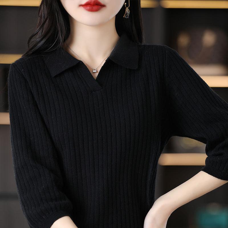 Spring and Summer Latest Cotton Thread 7-quarter Sleeve POLO Collar Sweater Women Pullover Thread Pit Strip Trendy Base Top